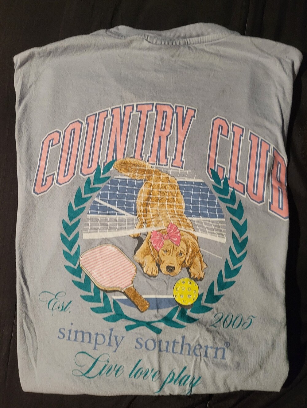 Simply Southern Light Blue 'Country Club' Graphic Tee with Puppy & Paddle